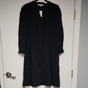 NWT LOFT Black Textured Ruffle Button Swing Long Sleeve Dress Size L